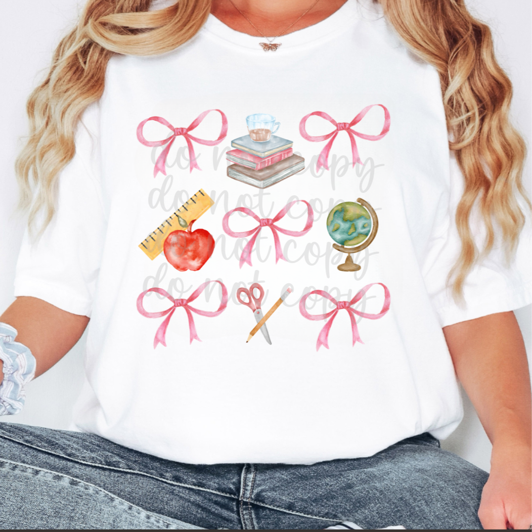 Teacher items and bows collage (Parker) 101035 DTF transfer