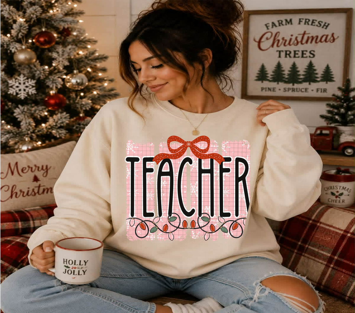 Teacher pink Christmas frames with red bow (Linda) DTF Transfer