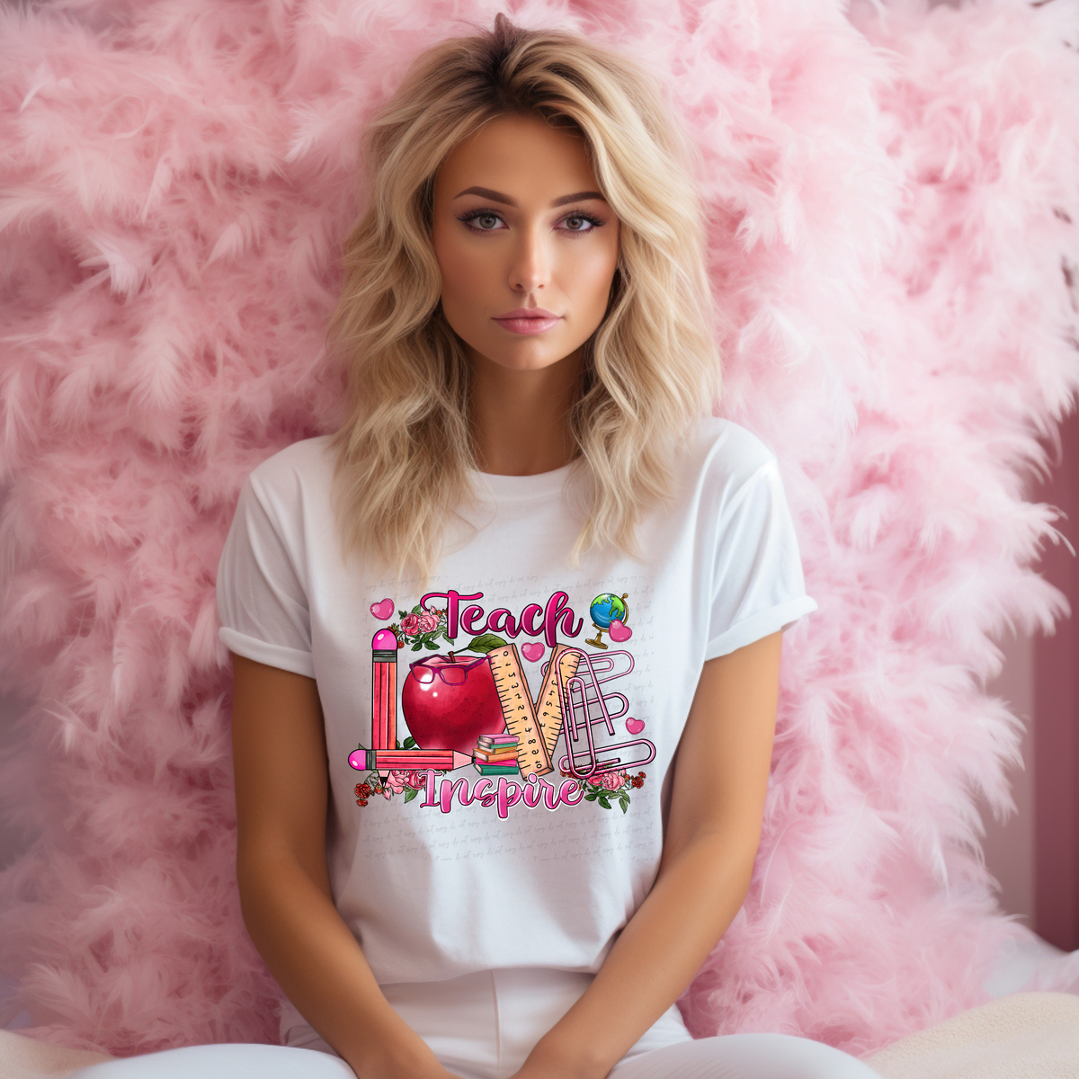 Teach Love Inspire Valentines Pink Hearts 116609 DTF Transfer