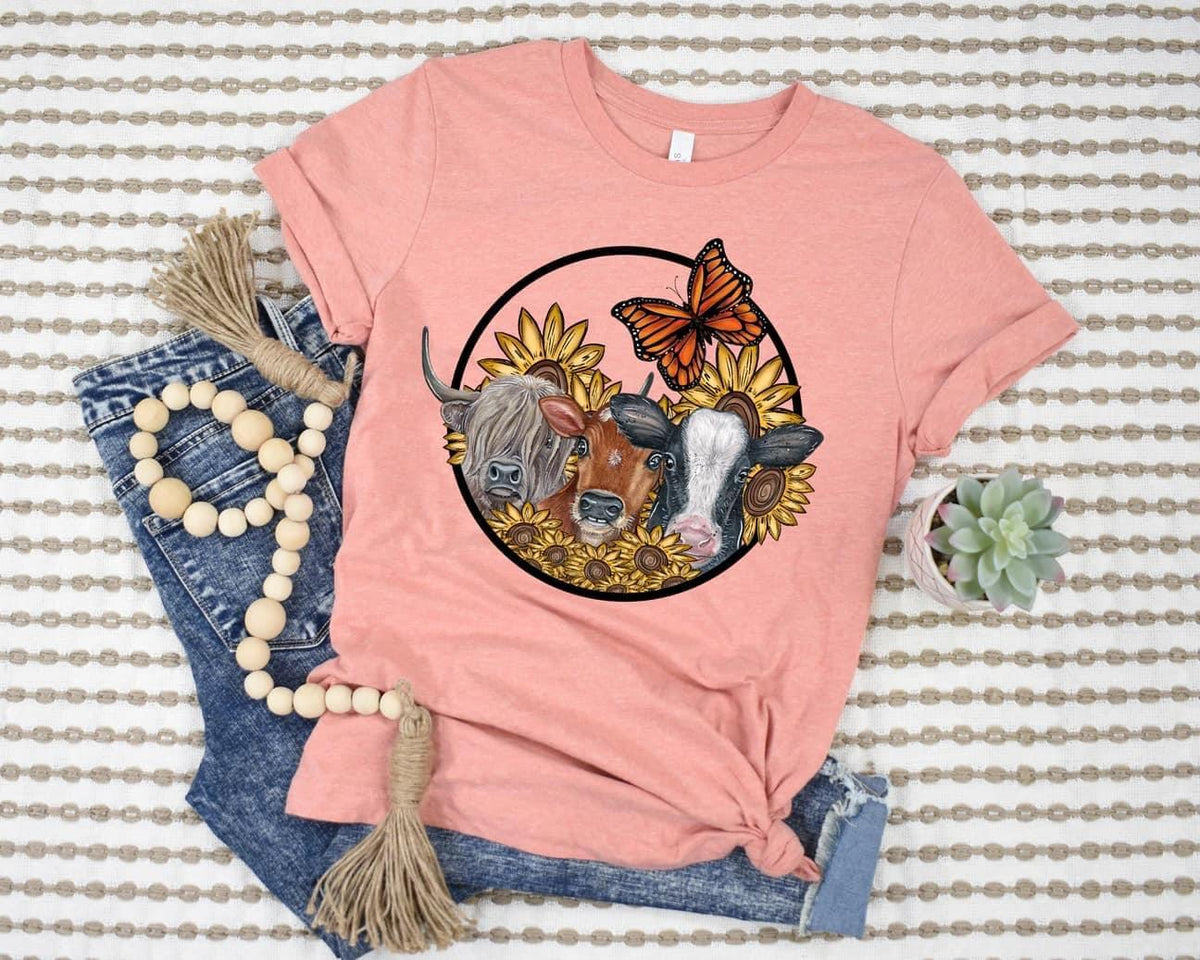 Trio Cows with sunflowers and butterfly circle 1166 DTF TRANSFER