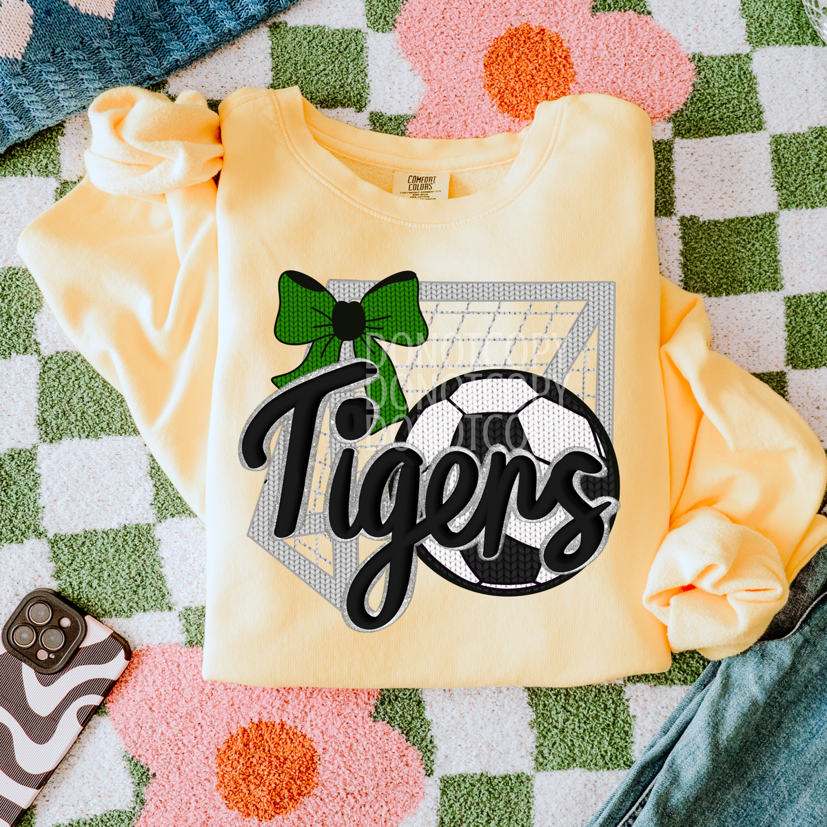 tigers soccer with soccer ball, net, and green bow (CSG) DTF Transfer