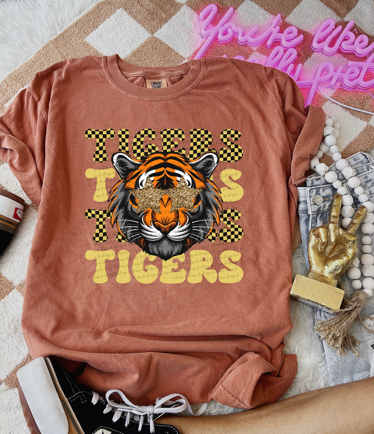 Tigers Checkered Word Stacked Gold 59590 DTF Transfer