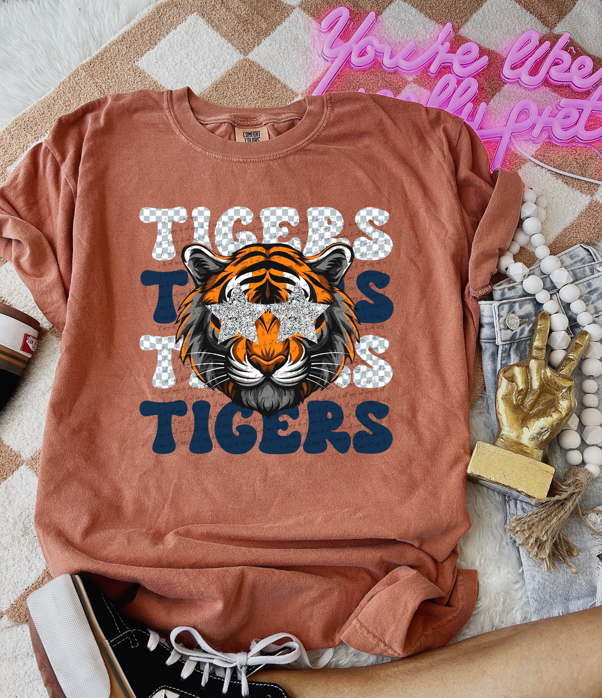 Tigers Checkered Word Stacked Navy Blue 59591 DTF Transfer