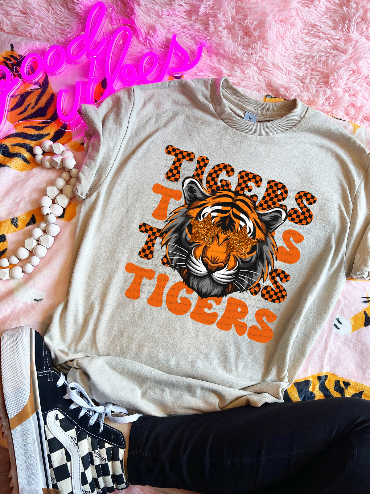 Tigers Checkered Word Stacked Orange 59592 DTF Transfer