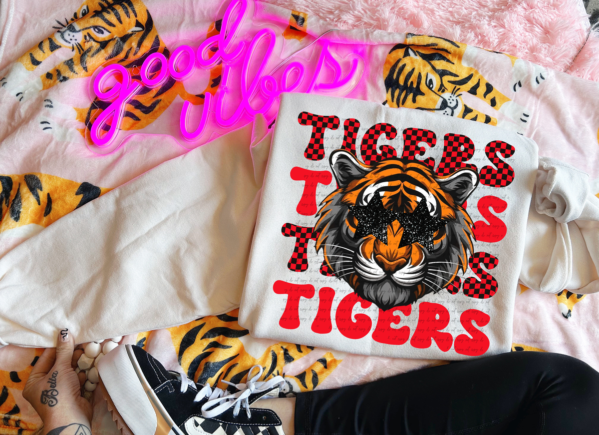 Tigers Checkered Word Stacked Red 59593 DTF Transfer