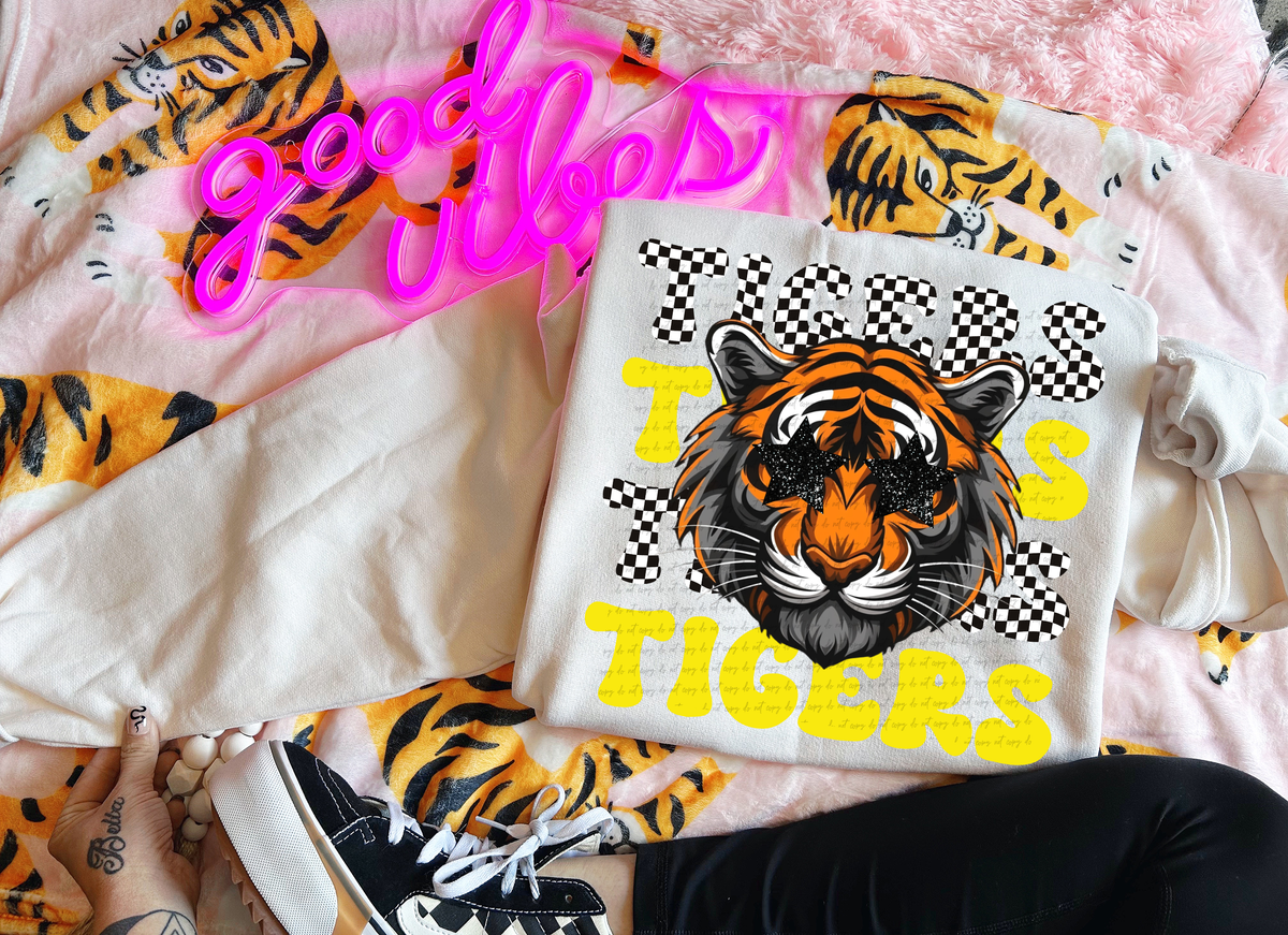 Tigers Checkered Word Stacked Yellow Black 59595 DTF Transfer