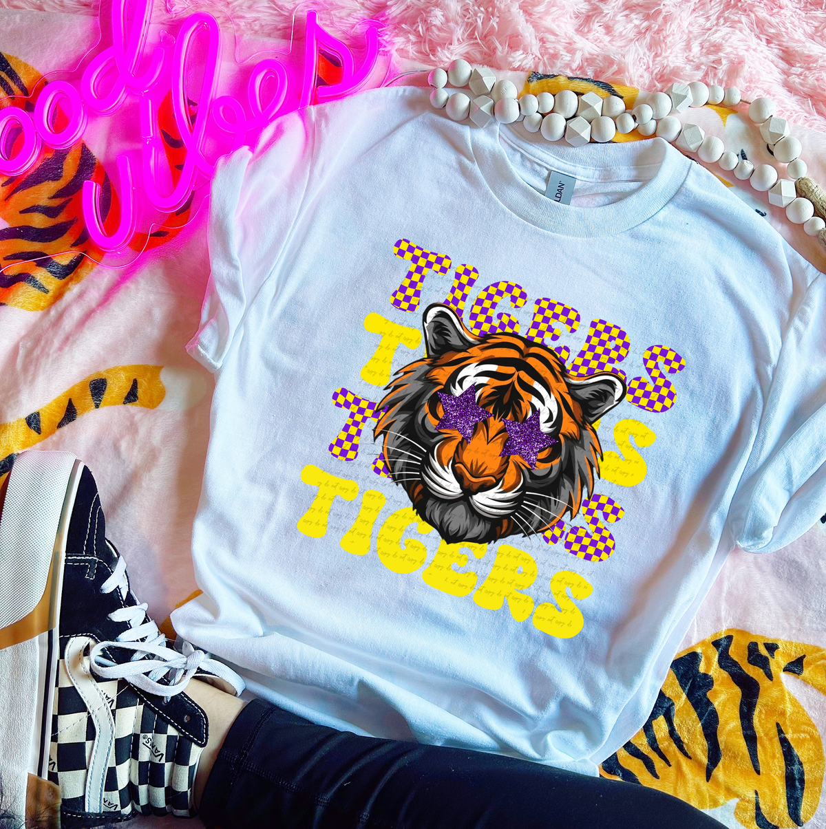 Tigers Checkered Word Stacked Yellow Purple 59594 DTF Transfer