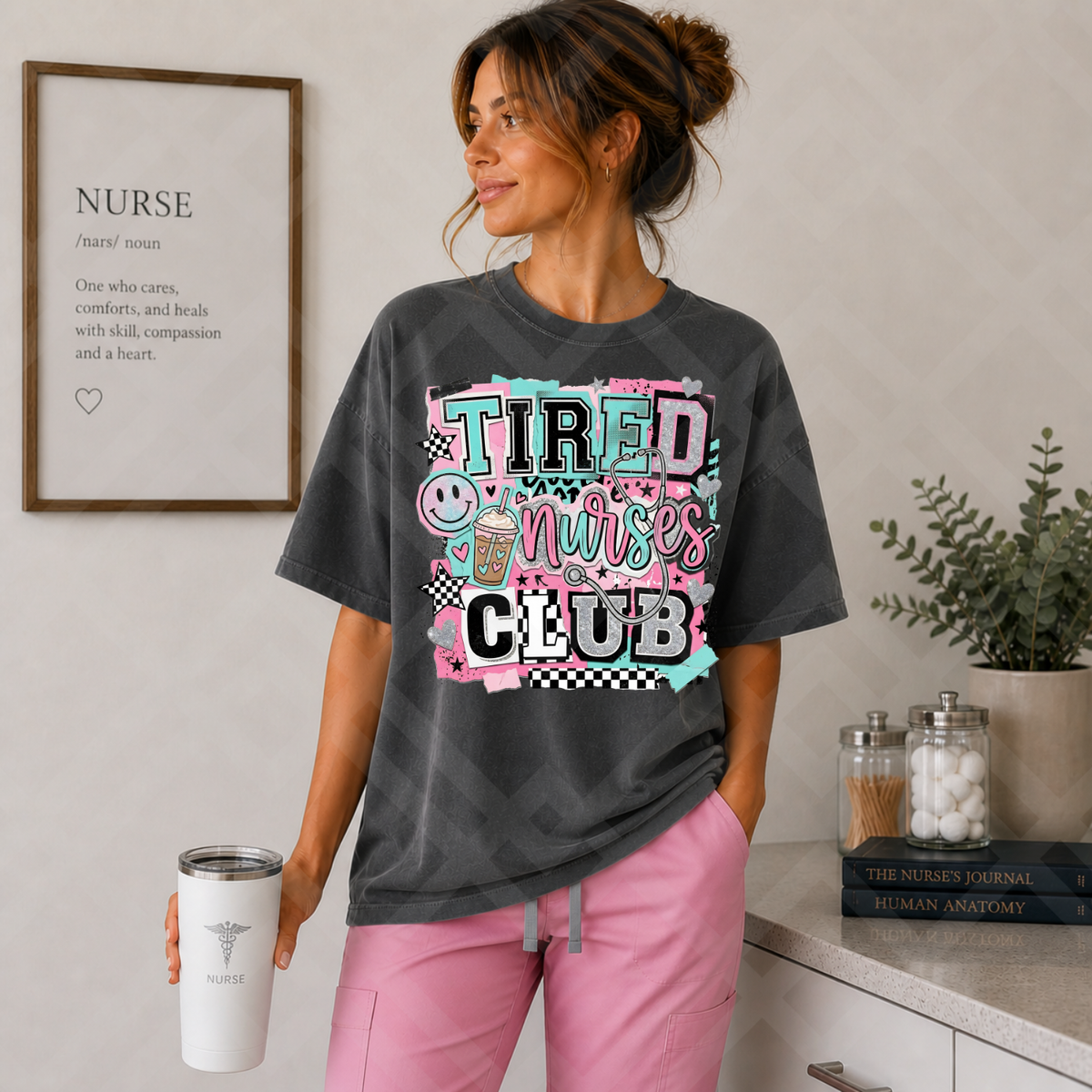 Tired nurses club bright neon magazine font (Parker) DTF Transfer