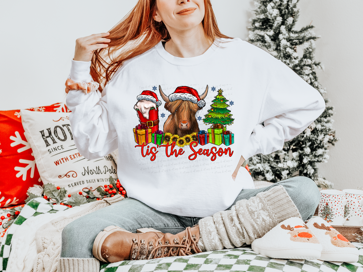 Tis The Season Coffee Cow Tree Gifts and Sunflowers 116268 DTF Transfer