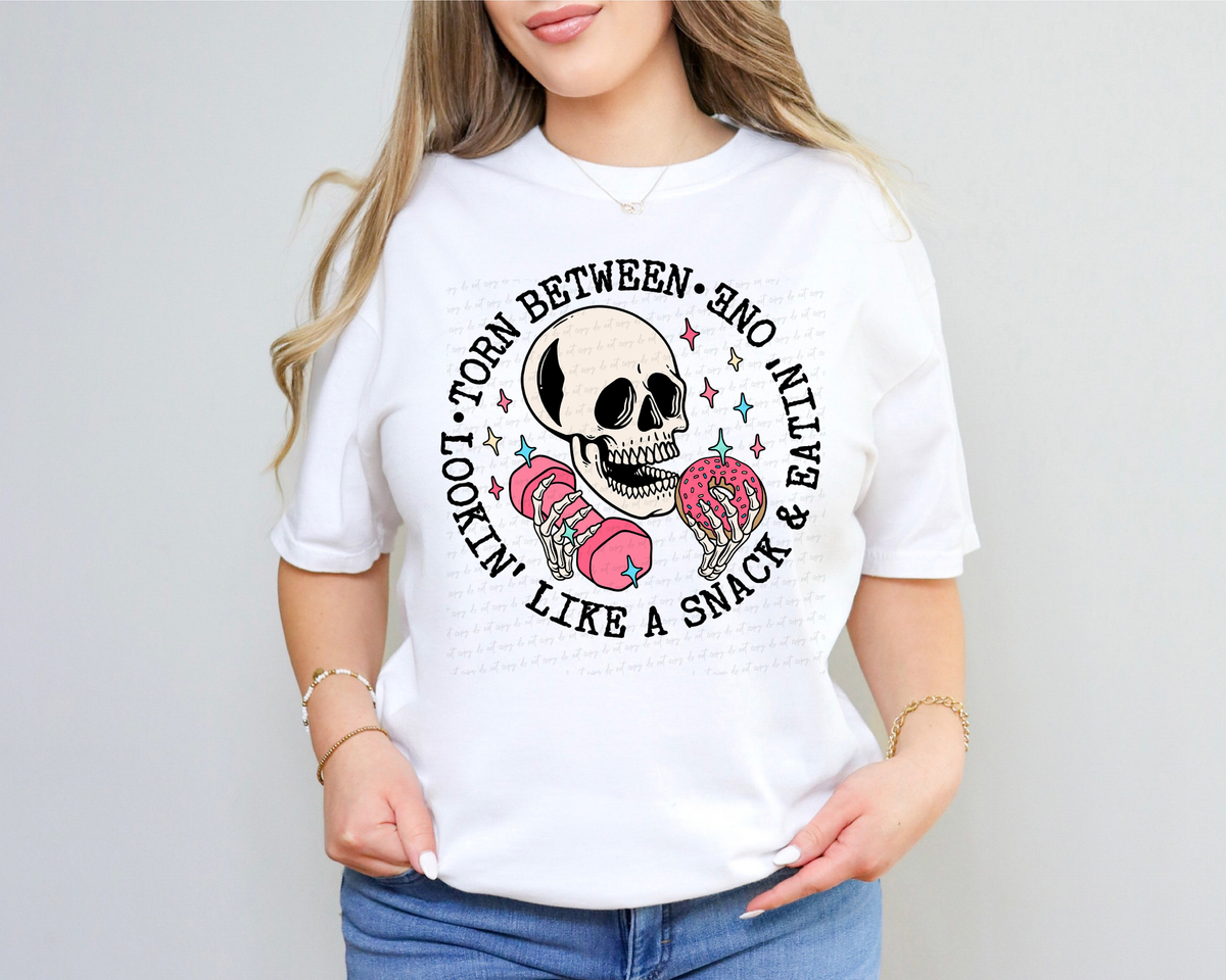 Torn Between Lookin' Like A Snack and Eatin' One Skellie with Dumbbell and Donut 116365 DTF Transfer