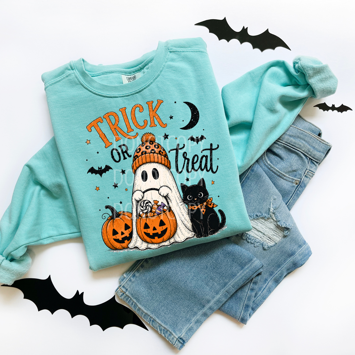 Trick or treat ghost cat and pumpkins (CSG) DTF Transfer