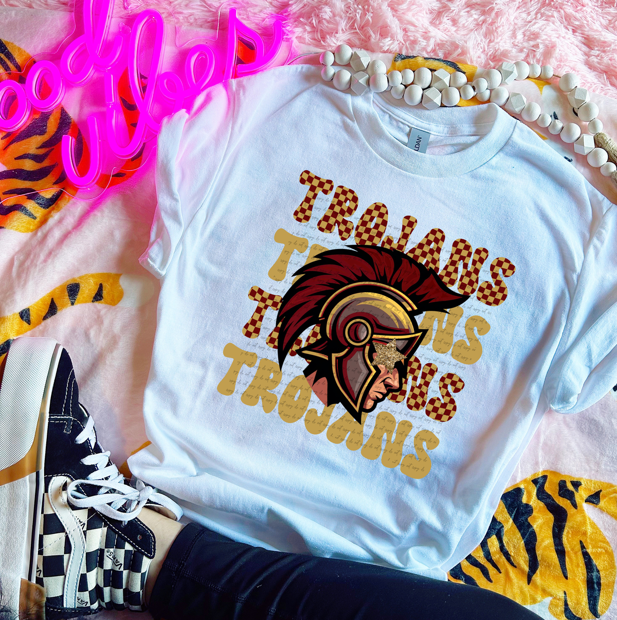 Trojans Checkered Word Stacked Gold 59599 DTF Transfer