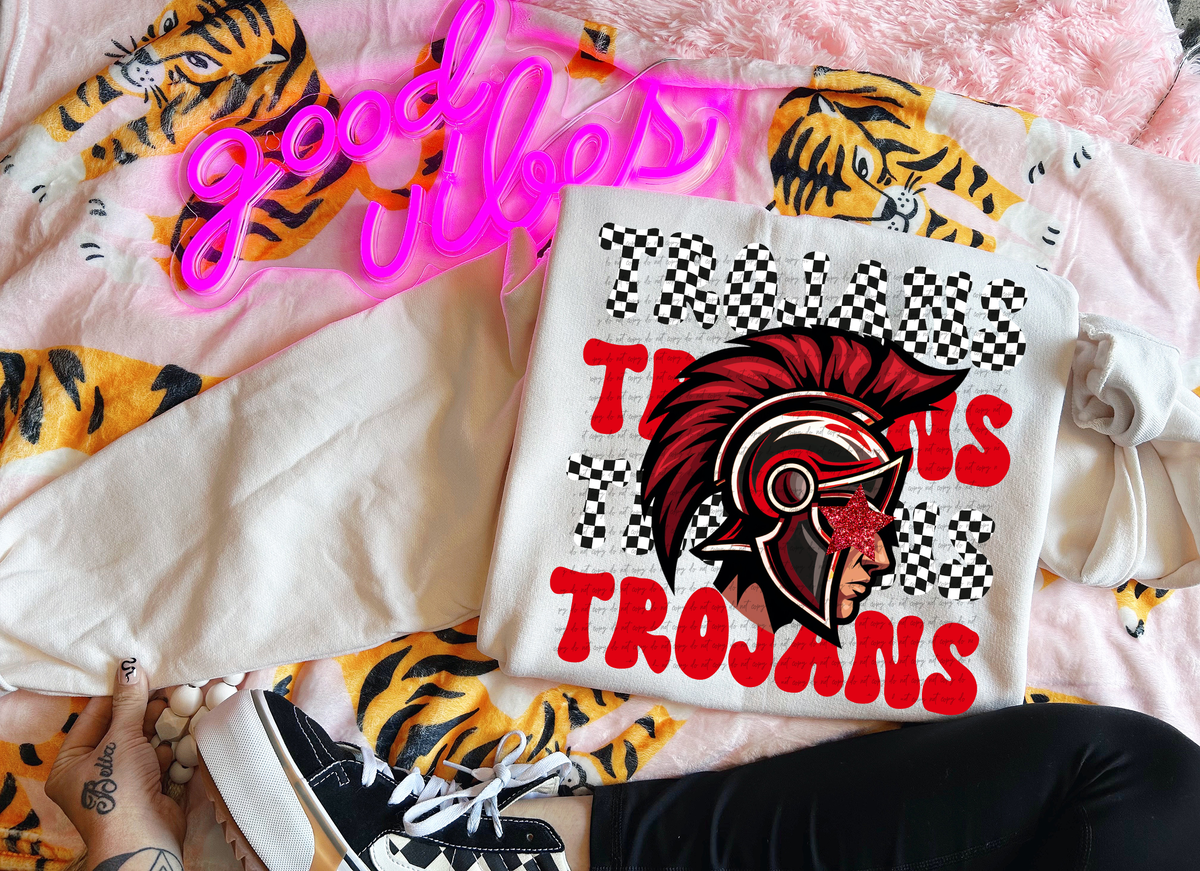 Trojans Checkered Word Stacked Red 59600 DTF Transfer