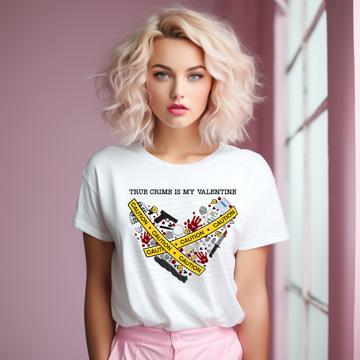 True Crime Is My Valentine Caution Tape Heart 114817 DTF transfer