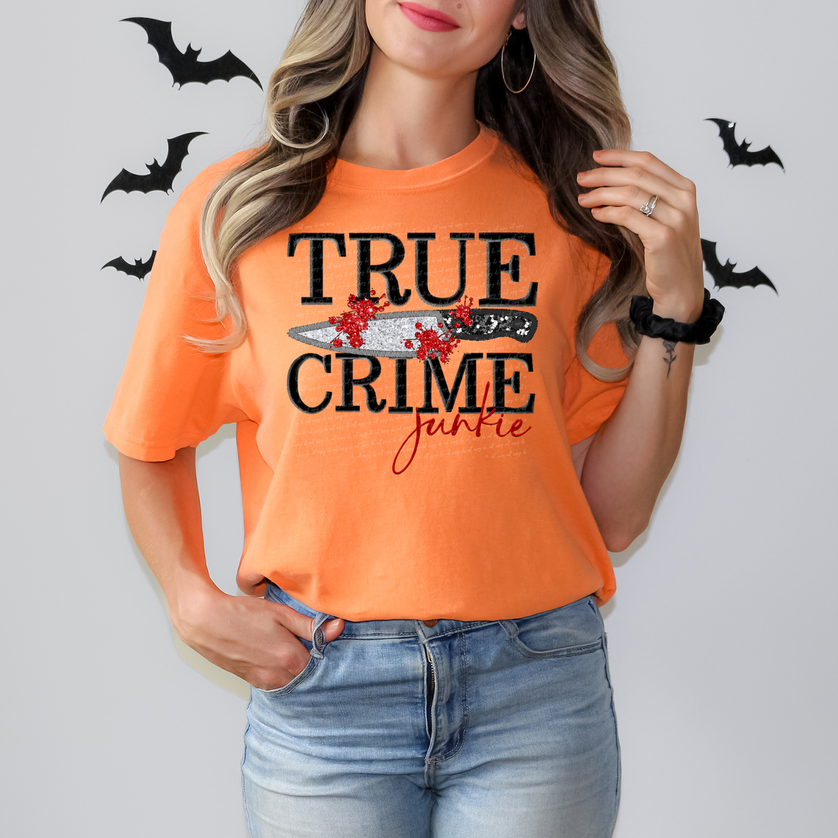 True Crime Junkie Knife Faux Embroidery Black 54282 DTF transfer