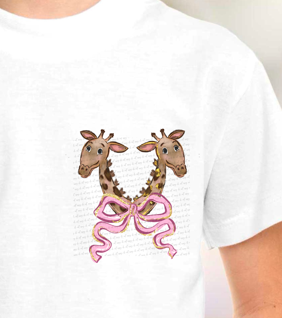 Two Heads Giraffe With Pink Bow Glitter Pocket 110169 DTF transfer