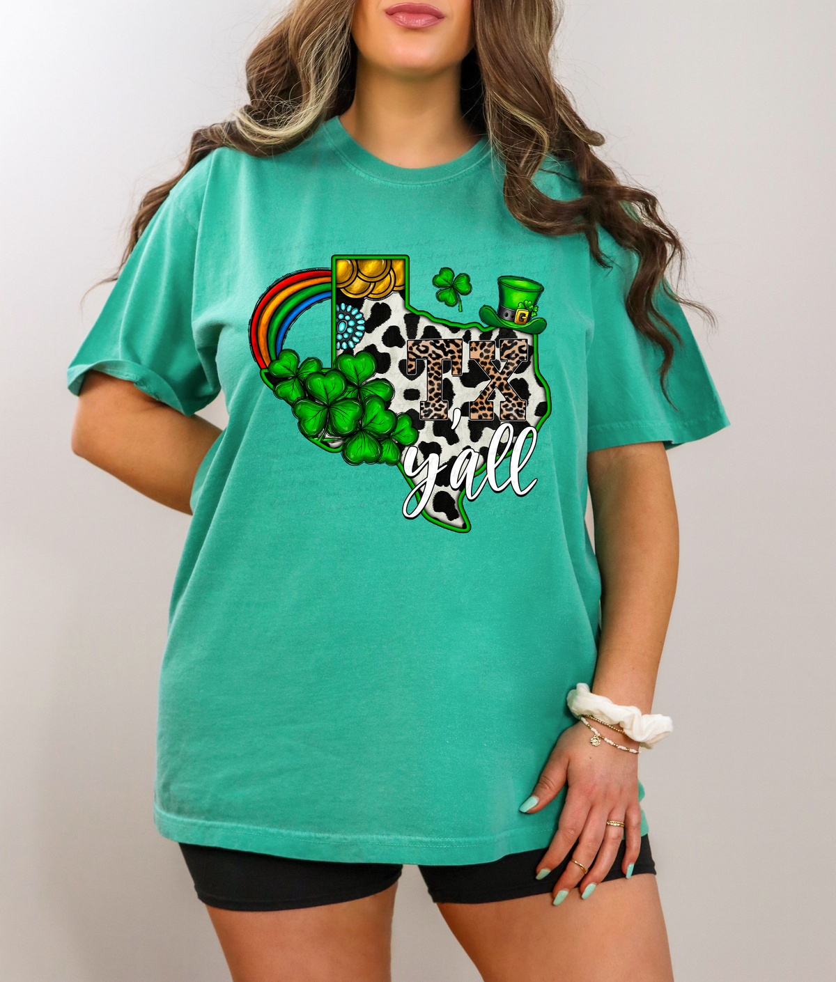 TX Y'all Texas Cow Print Green Clovers Hat Rainbow Coins 116272 DTF Transfer