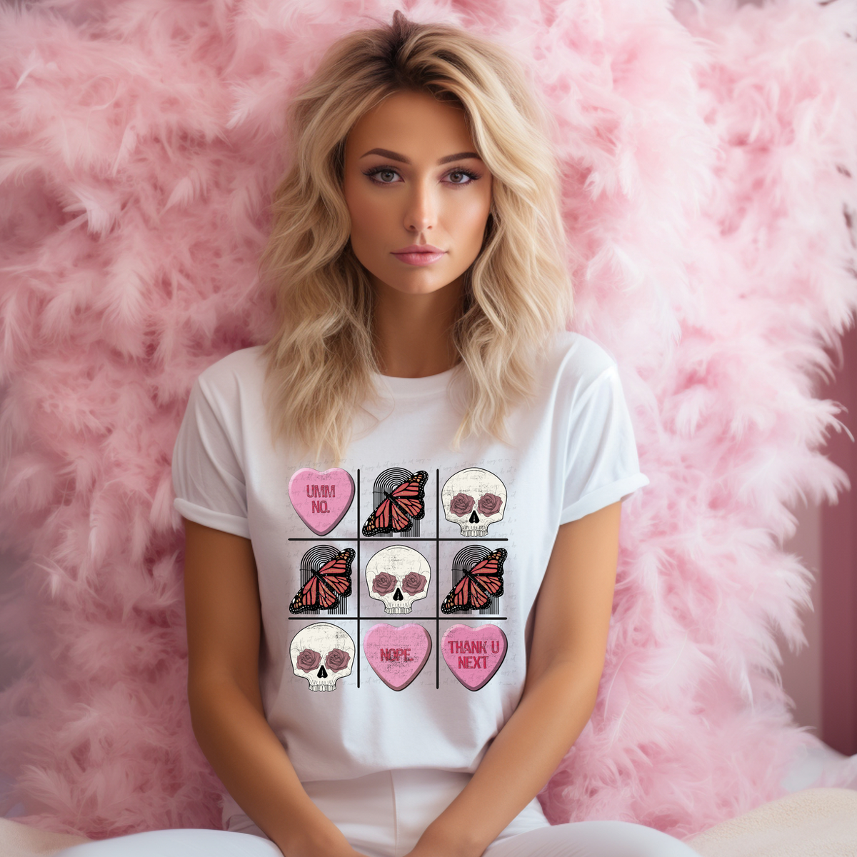 Umm No Nope Thank You Hearts Butterflies Skull Grid 116611 DTF Transfer