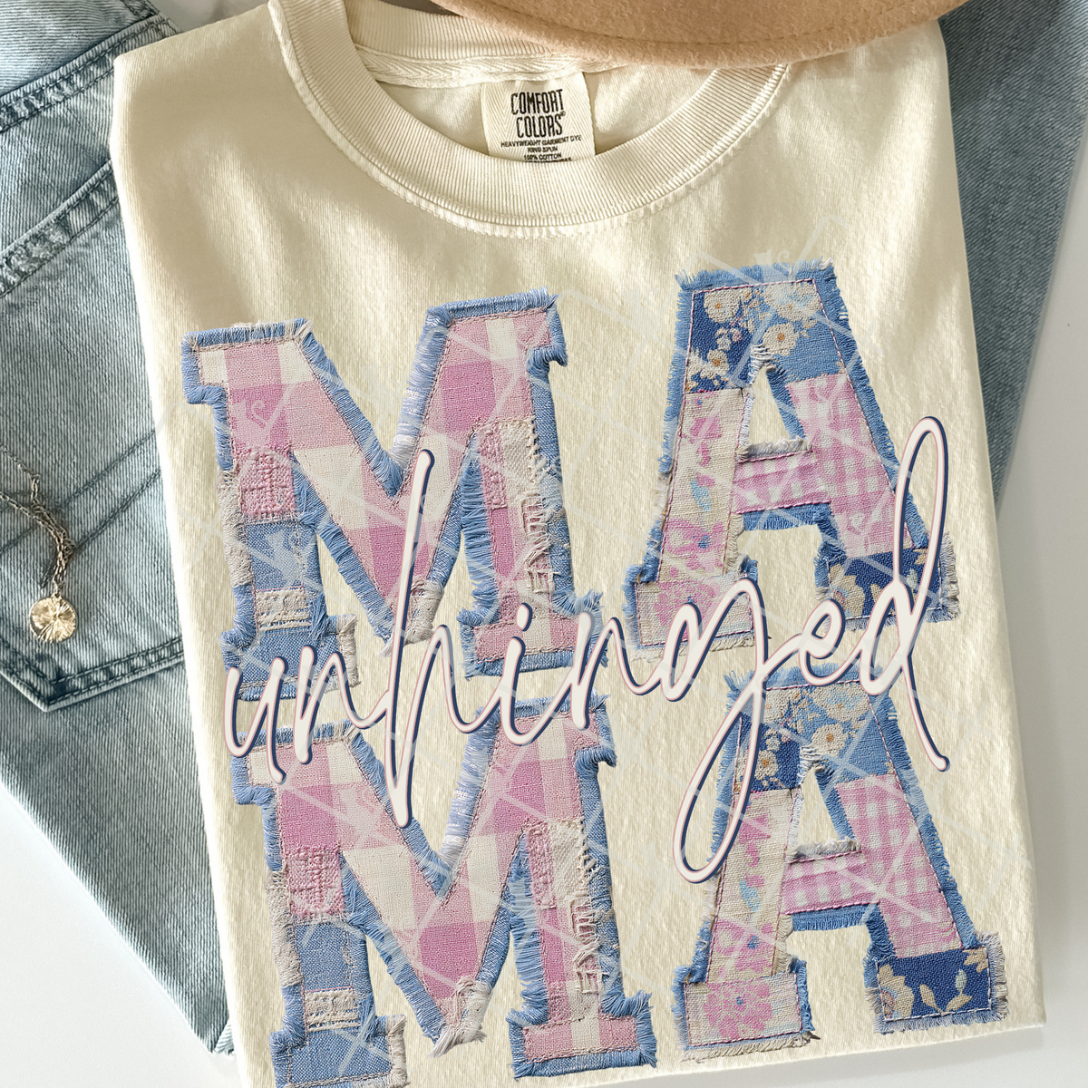 Faux pink and blue patchwork unhinged mama (TTD) DTF Transfer