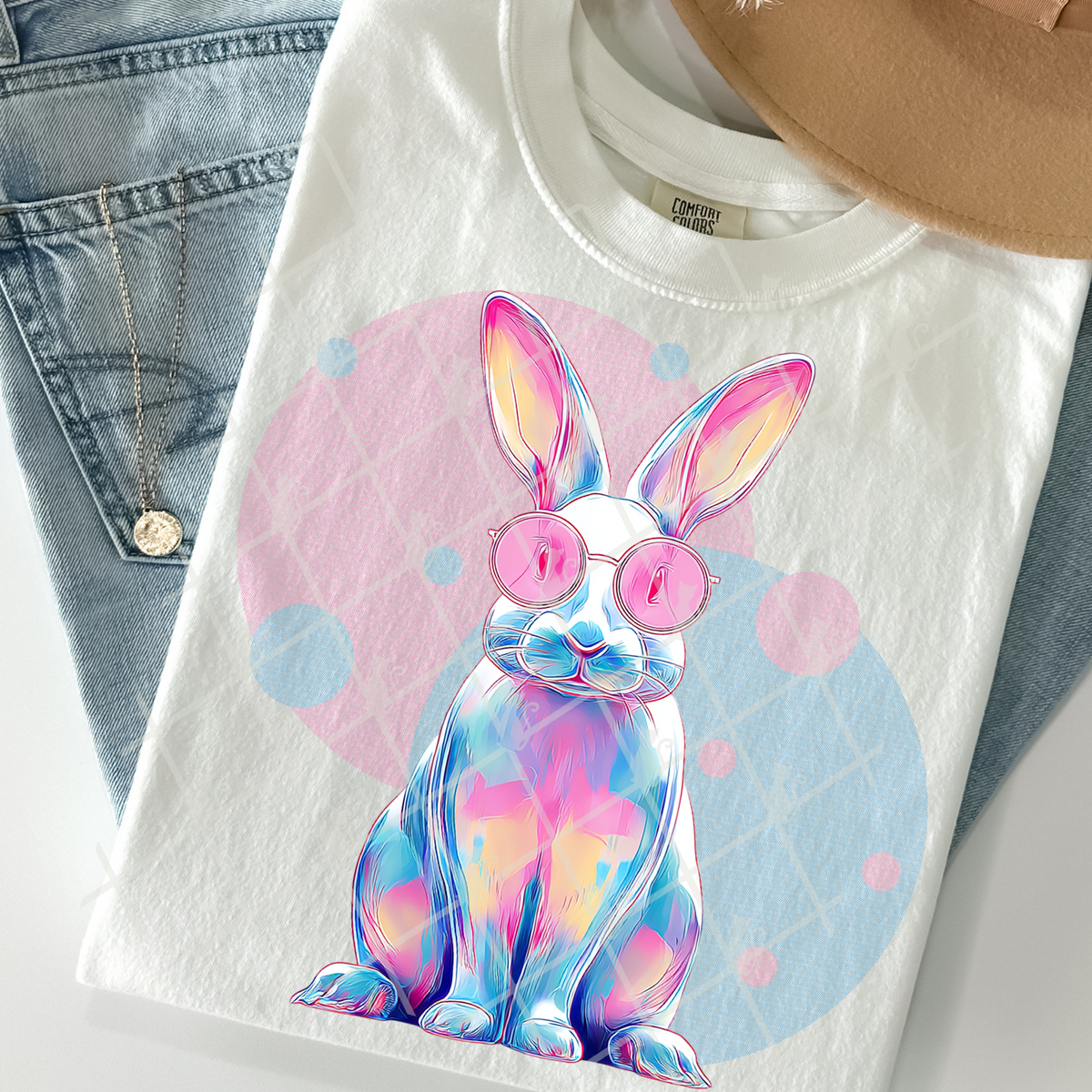 Colorful Bunny pink glasses (pink and blue bubble background) (TTD) DTF Transfer