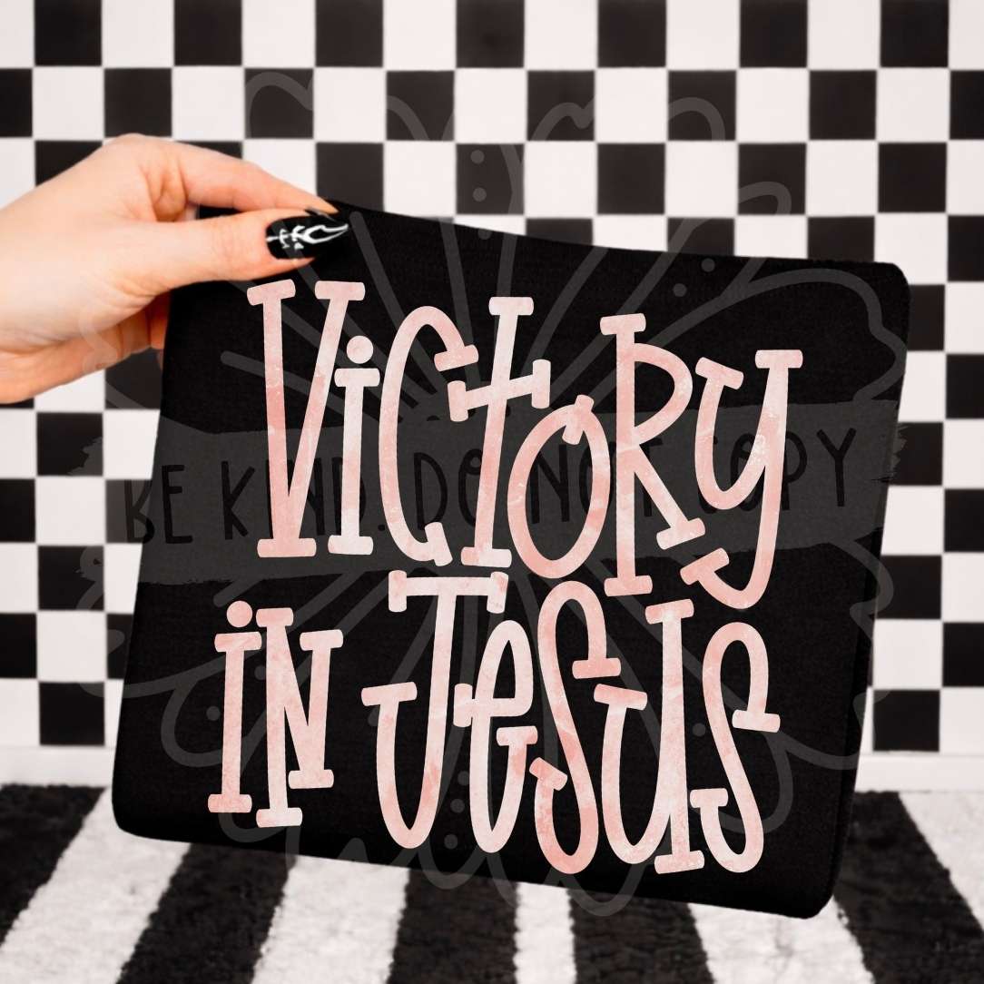Victory in Jesus PINK font (Vehement) DTF transfer