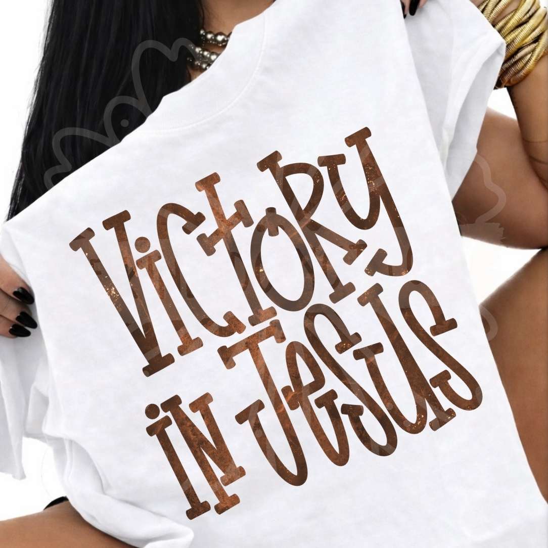 Victory in Jesus brown font (Vehement) DTF transfer