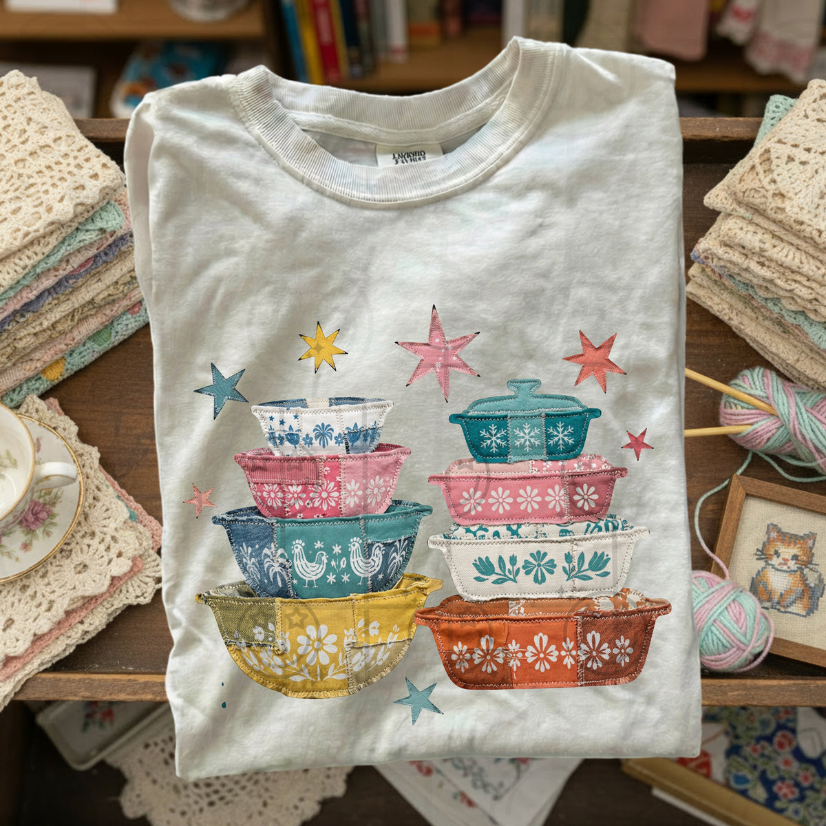 Vintage dishes stacked with stars (HW) DTF Transfer