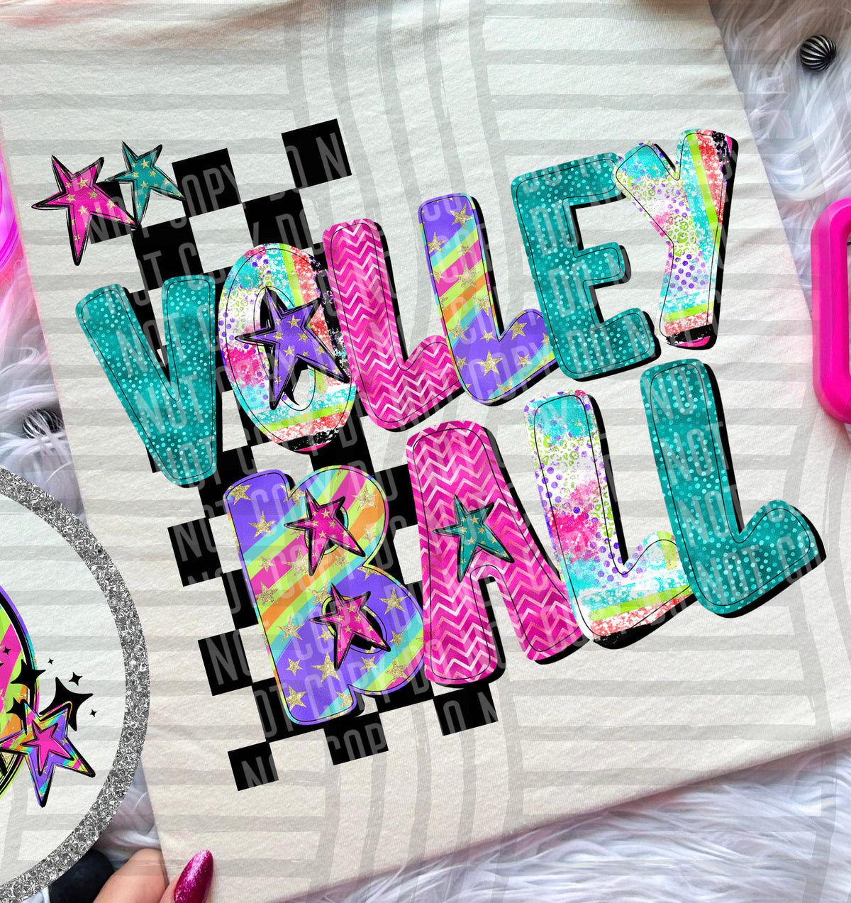 Volleyball - Colorful Stripe With Stars And Checker BACK PRINT 108266 DTF transfer