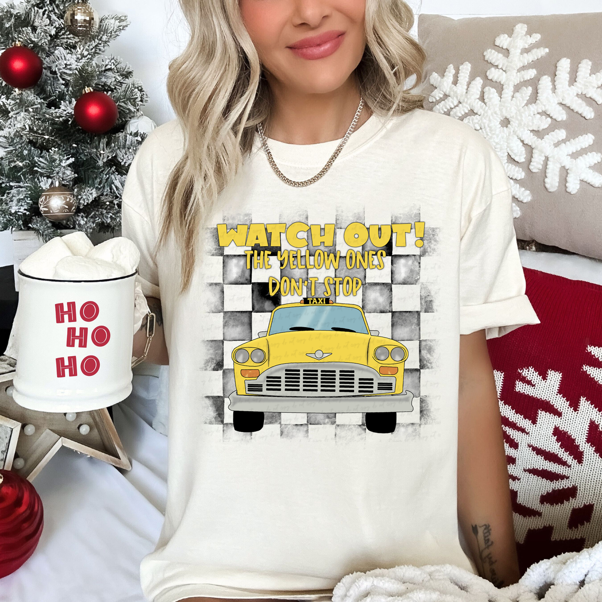 Watch Out The Yellow Ones Don't Stop Elf Yellow Taxi Checkered 114820 DTF transfer
