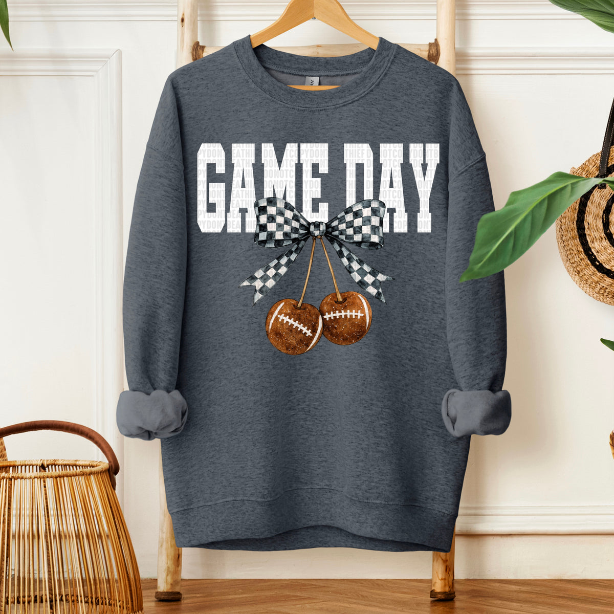 Game Day Football Cherry Checkered Bow 111285 DTF transfer