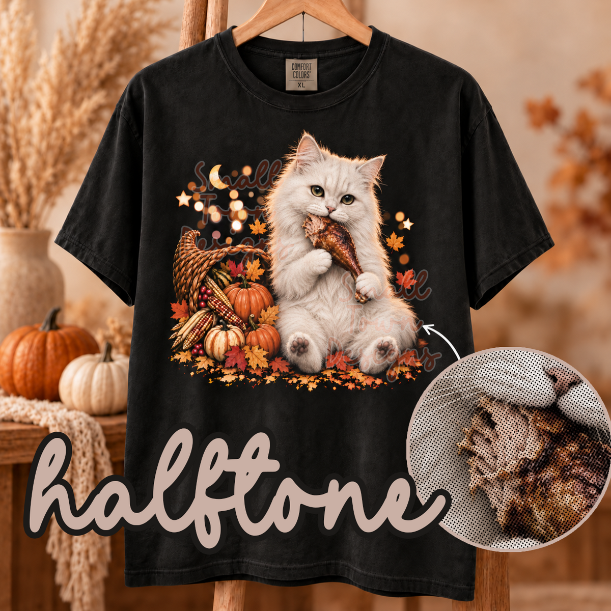 Halftone white cat eating turkey leg (STD) DTF transfer