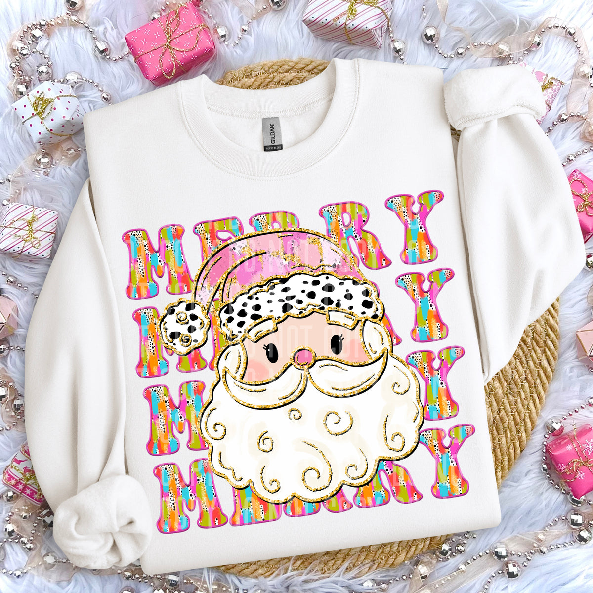 Merry Stacked Santa Pink Hat 69246 DTF transfer