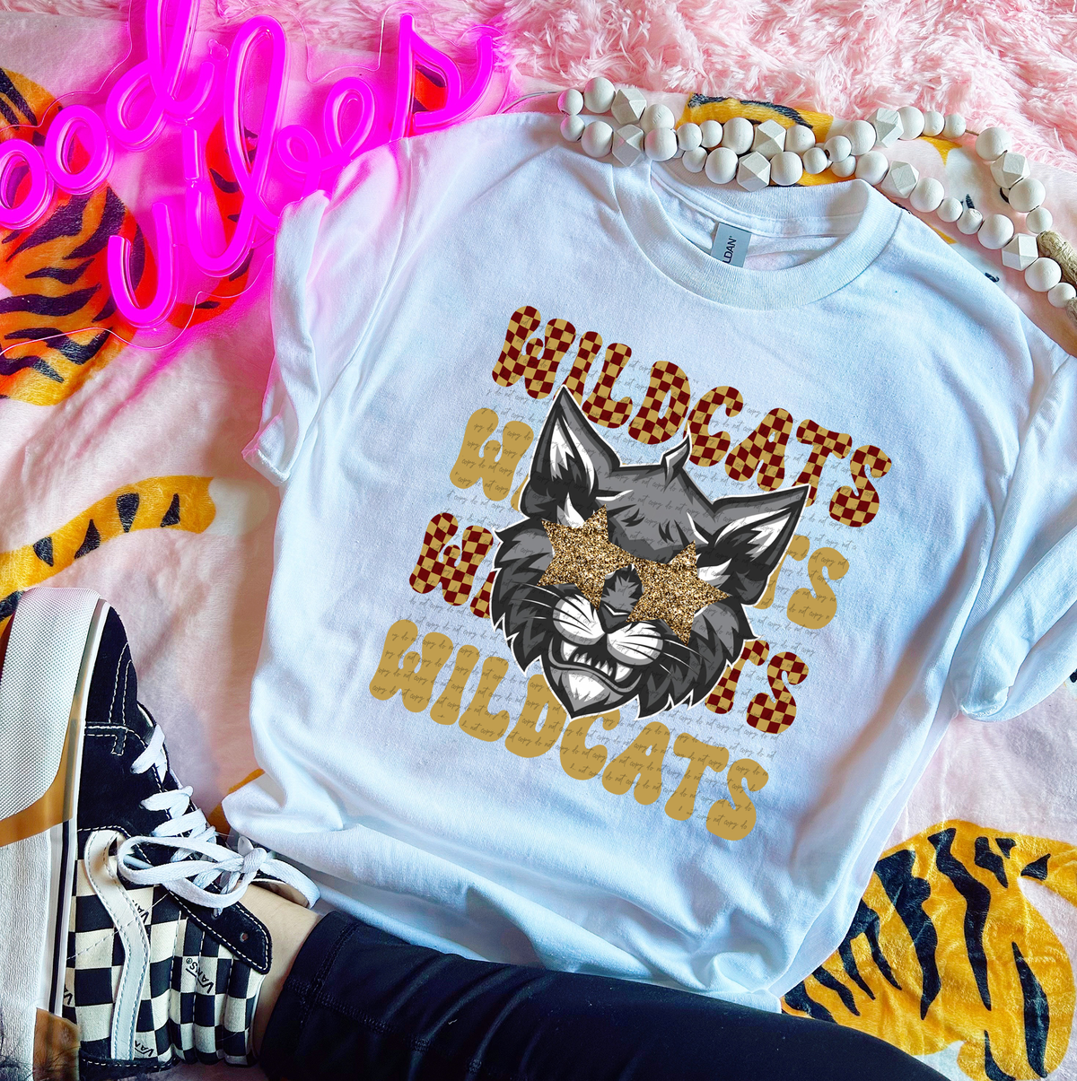 Wildcats Checkered Word Stacked Maroon Gold 59618 DTF Transfer