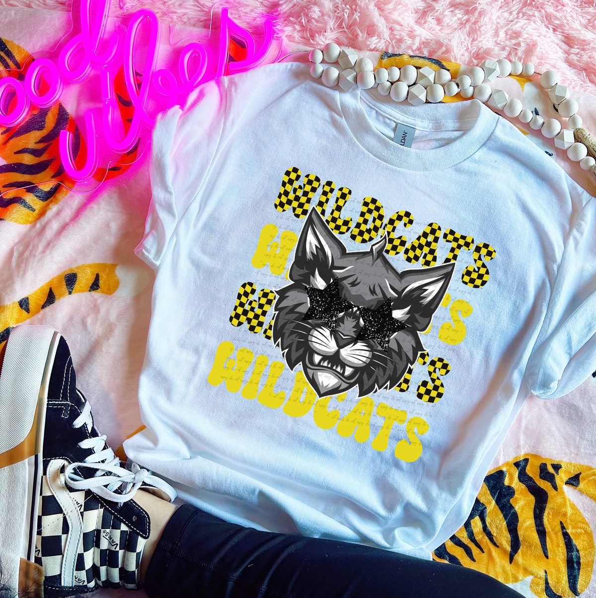 Wildcats Checkered Word Stacked Yellow 59621 DTF Transfer