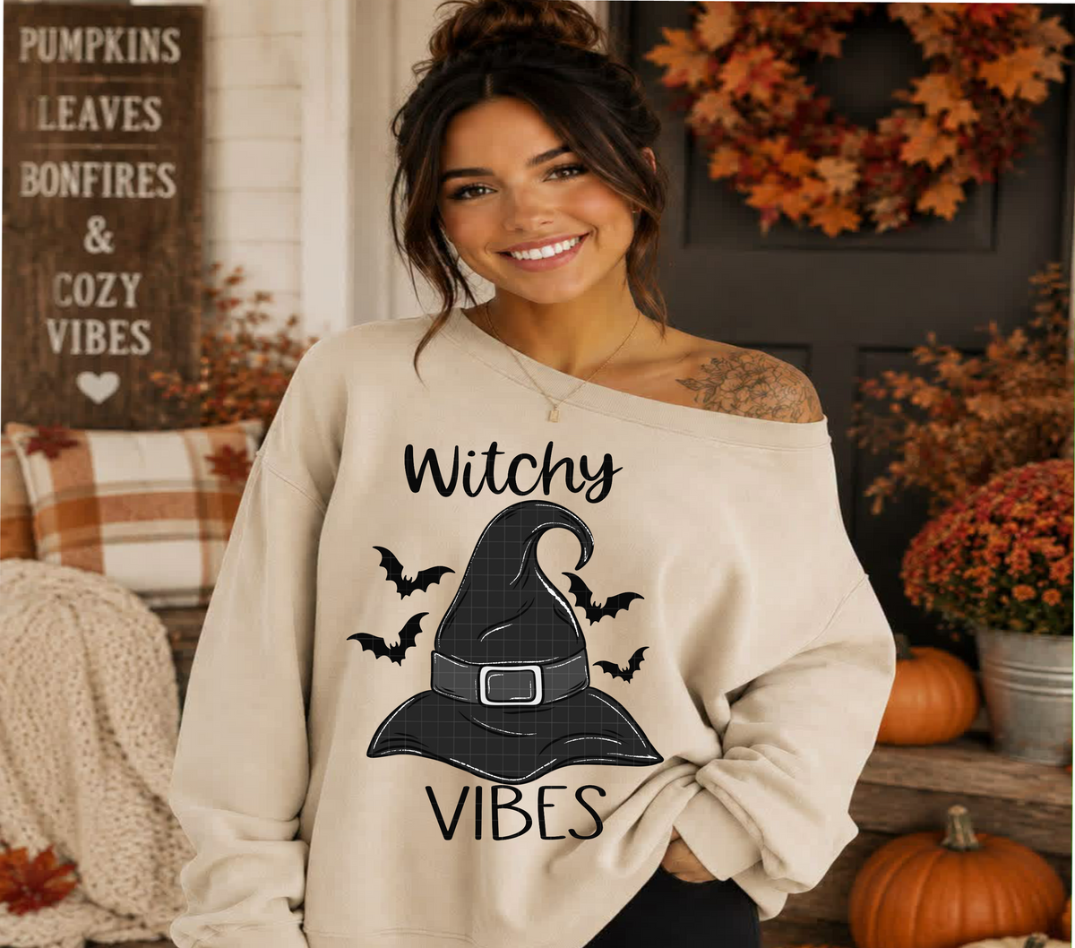 Witchy vibes witch hat and bats BLACK (Linda) DTF Transfer