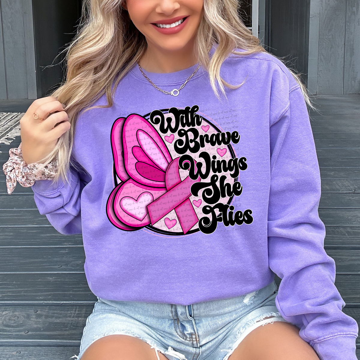 With Brave Wings She Flies Pink Butterfly Ribbon 54285 DTF transfer