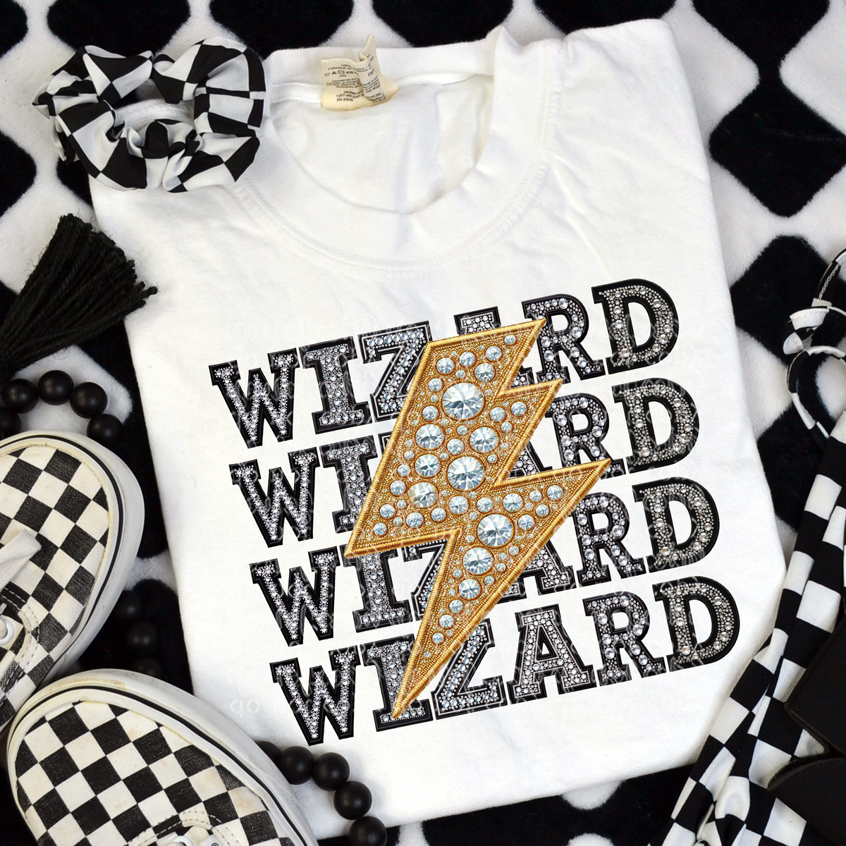 Wizard stacked rhinestones lightning bolt gold TTD DTF transfer