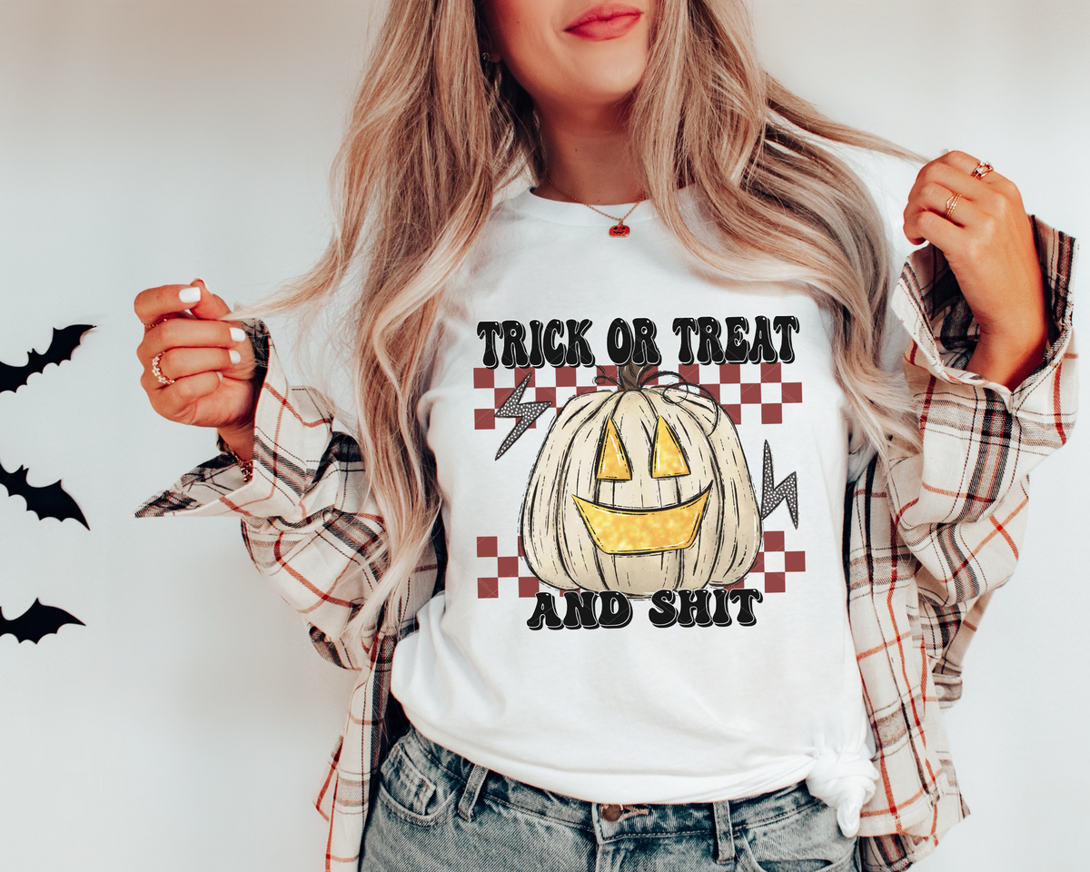 Trick Or Treat And Shit White Pumpkin Lighting Bolts 112278 DTF TRANSFER