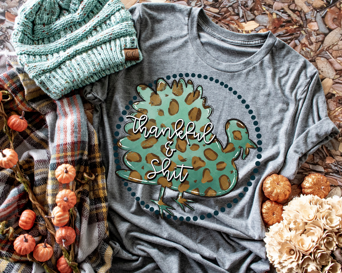 Thankful and Shit Leopard Teal Turkey in circle 112283 DTF TRANSFER
