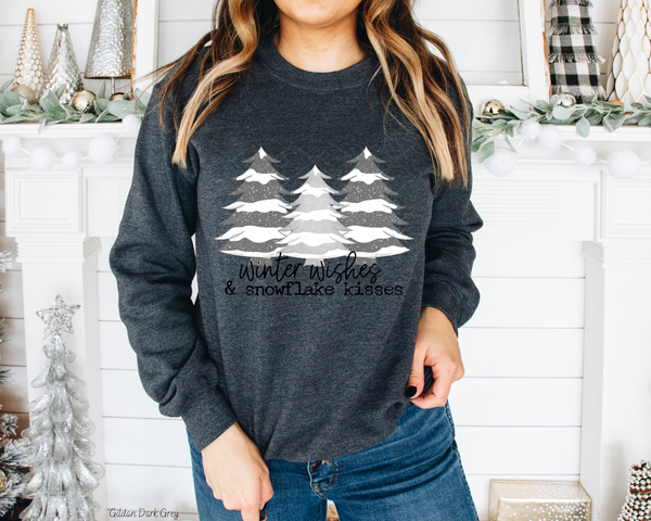 Winter Wishes And Snowflake Kisses Grey White Trees (Black Font) 8521 DTF TRANSFER