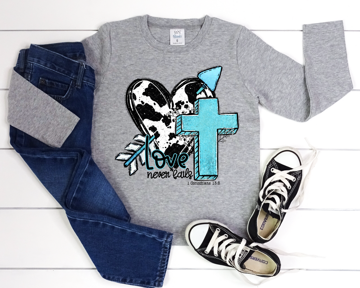 Love Never Fails Cross Heart Cow Print 112643 DTF TRANSFER