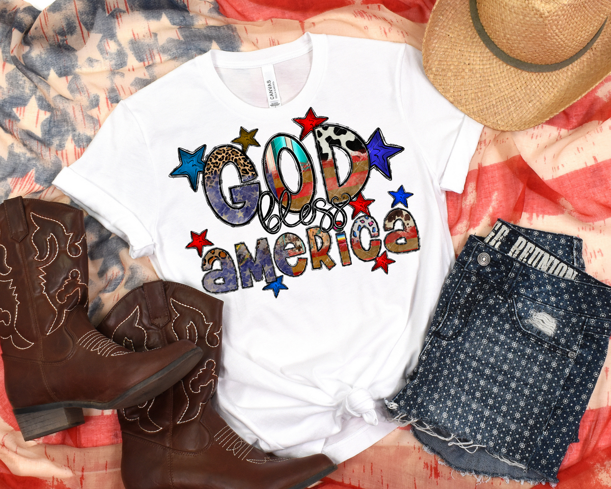 God Bless America (block lettering filled with leopard print, distressed flag stripes & stars) 1447 DTF TRANSFER