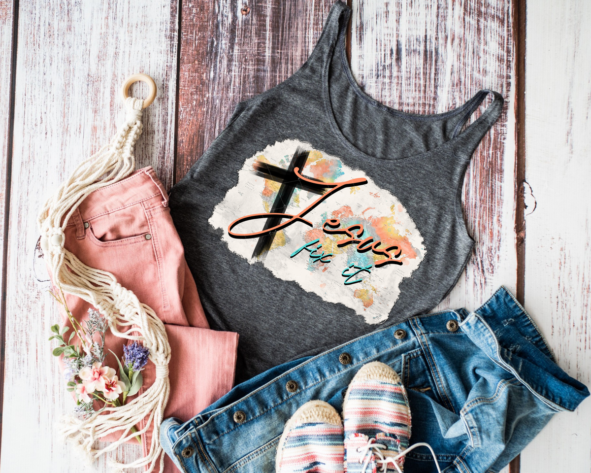 Jesus Fix It (world map background, black cross orange and blue lettering) 9703 DTF TRANSFER