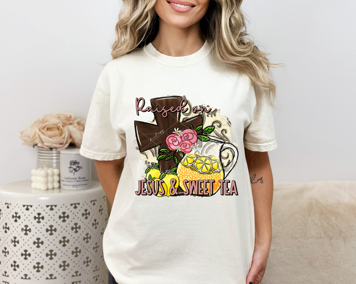 Raised On Jesus & Sweet Tea (brown wooden cross, pink rosettes, pitcher of lemonade, lemons, dusty pink lettering) 8982 DTF Transfer