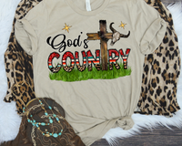 God's Country (wooden cross, green grass, cow skull, block letters with red bandana pattern, wester stripes, leopard print, black cursive lettering) 1450 DTF TRANSFER