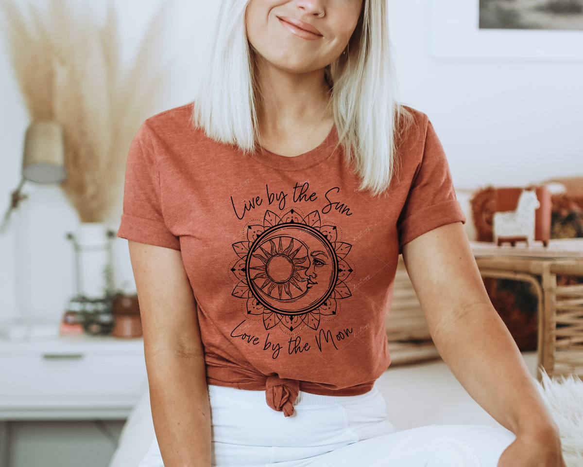Live by the sun love by the moon (black outline, moon, sun, mandala, thin lettering) 1606 DTF TRANSFER