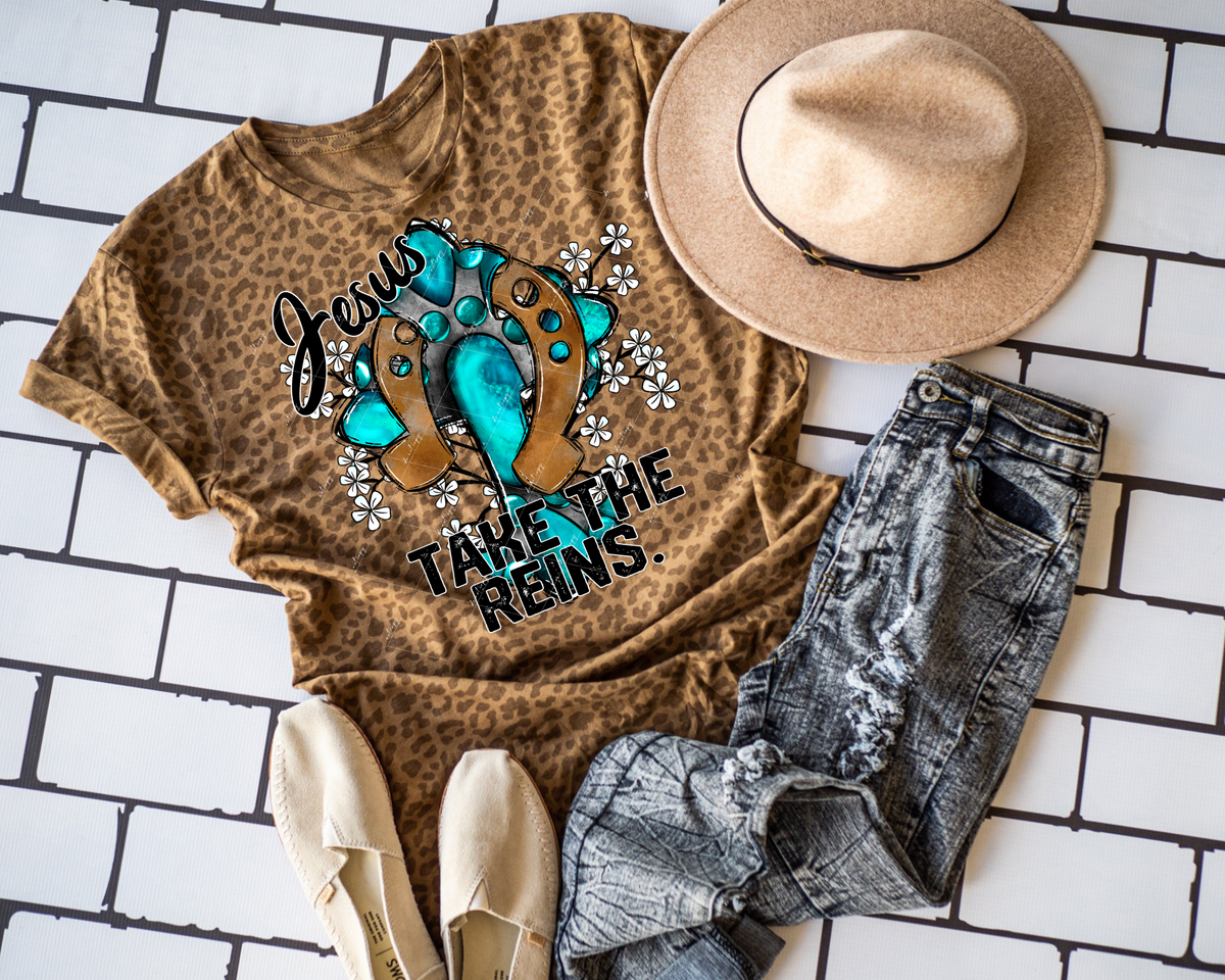 Jesus Take The Reins. (turquoise cross, horseshoe, white flowers, black lettering) 8961 DTF TRANSFER