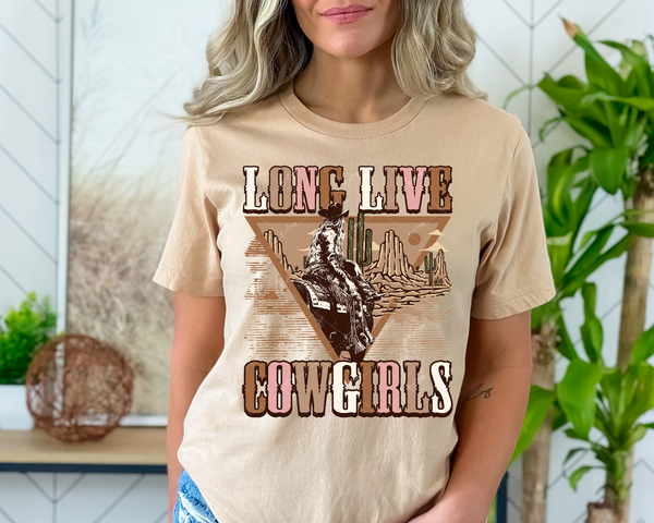 Long Live Cowgirls (triangle with cowgirl desert scene, earth tones) 1692 DTF TRANSFER