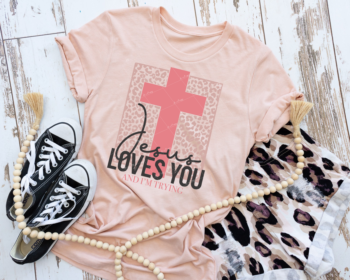 Jesus Loves You And I'm Trying (coral leopard print, coral cross, black & coral lettering) 9704 DTF TRANSFER