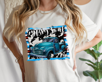 Gypsy Soul (western stripes, cow print background, vintage pickup truck blue, white cursive with black outline letter)1456  DTF TRANSFER